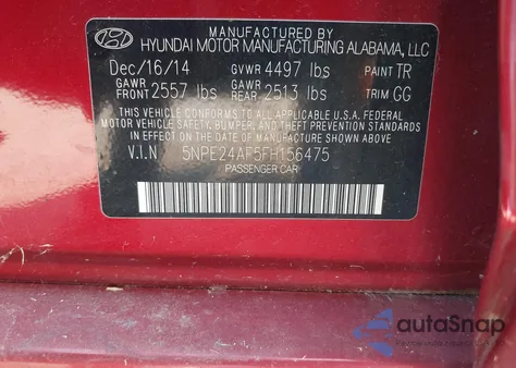 2015 Hyundai Sonata Se z USA, uszkodzony, nr VIN 5NPE24AF5FH156475